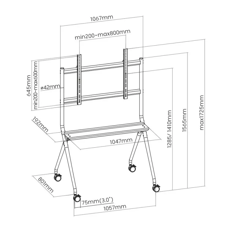 ACT Mobilus televizoriaus / monitoriaus grindinis stovas, 50–86 colių, VESA, 127 cm (50 col.), 2,18 m (86 col.), 200 x 200 mm – 800 x 600 mm, aliuminis, plastikas, plienas, pilka