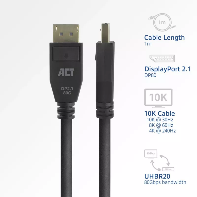 ACT AK4081 DisplayPort 2.1 laidas 1 m, juodas