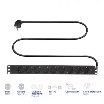 ACT ilginimo laidas PDU 19 colių su CEE7/7 kištuku ir 9 F tipo lizdais, 3 m H05VV-F 3G1.5