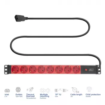 Maitinimo paskirstymo įrenginys ACT PD3004 19 colių C14 IEC60320 su 8 F tipo lizdais, 3 m H05VV-F 3G1.0, 230 V 10 A