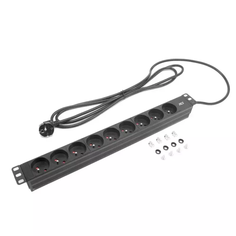 ACT prailginimo blokas PDU 19 colių CEE7/7 su 9 E tipo kištukiniais lizdais, 3 m H05VV-F 3G1.5