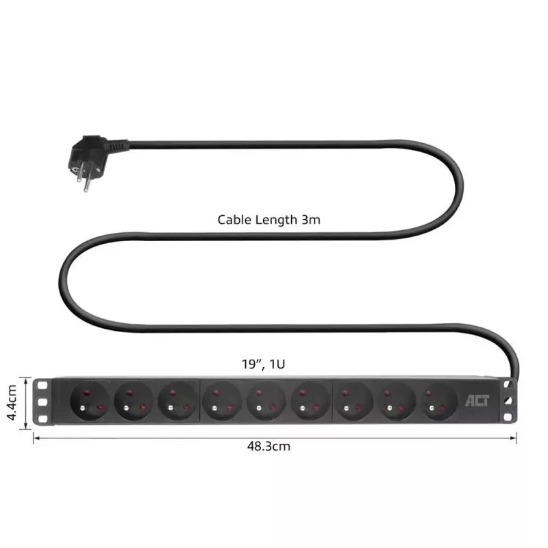 ACT prailginimo blokas PDU 19 colių CEE7/7 su 9 E tipo kištukiniais lizdais, 3 m H05VV-F 3G1.5