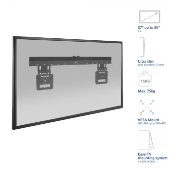 ACT fiksuotas TV laikiklis prie sienos AC8356, 37–80 colių, itin plonas, VESA 200×200–600×400, 75 kg talpa, 9,5 mm tarpas, juodas