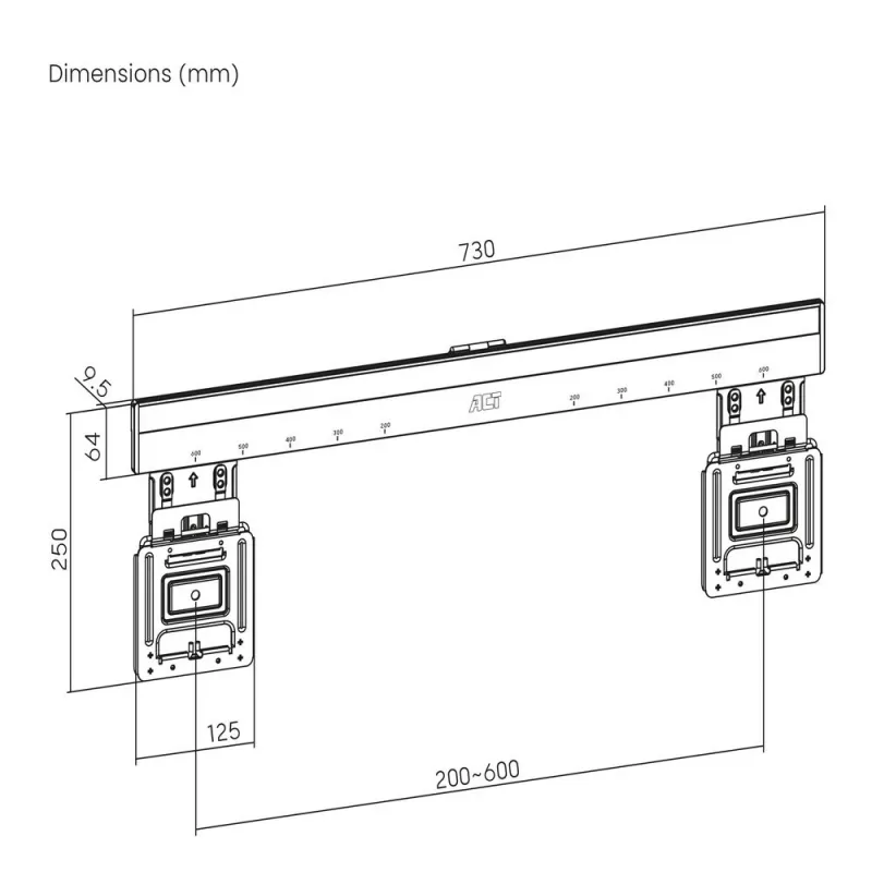 ACT fiksuotas TV laikiklis prie sienos AC8356, 37–80 colių, itin plonas, VESA 200×200–600×400, 75 kg talpa, 9,5 mm tarpas, juodas