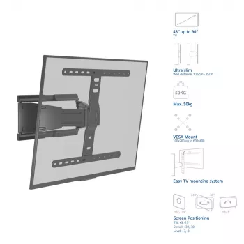 Pilno judesio TV sieninis laikiklis ACT AC8357 43–90 colių ekranams, VESA 100x200–600x400, pakreipimas -15°–3°, pasukimas ±30°, maks. apkrova 50 kg, itin plonas