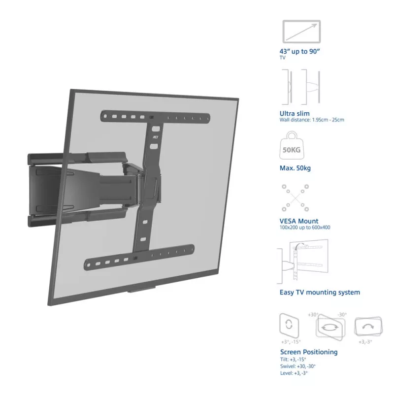 Pilno judesio TV sieninis laikiklis ACT AC8357 43–90 colių ekranams, VESA 100x200–600x400, pakreipimas -15°–3°, pasukimas ±30°, maks. apkrova 50 kg, itin plonas