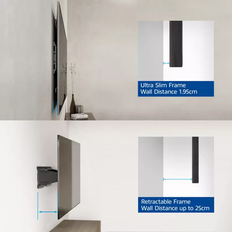 Pilno judesio TV sieninis laikiklis ACT AC8357 43–90 colių ekranams, VESA 100x200–600x400, pakreipimas -15°–3°, pasukimas ±30°, maks. apkrova 50 kg, itin plonas