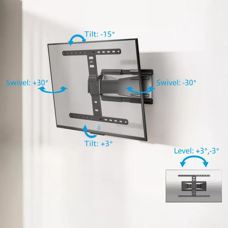 Pilno judesio TV sieninis laikiklis ACT AC8357 43–90 colių ekranams, VESA 100x200–600x400, pakreipimas -15°–3°, pasukimas ±30°, maks. apkrova 50 kg, itin plonas