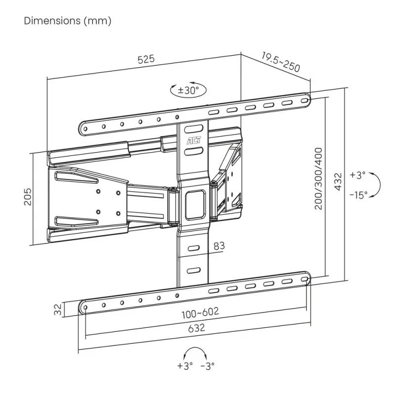 Pilno judesio TV sieninis laikiklis ACT AC8357 43–90 colių ekranams, VESA 100x200–600x400, pakreipimas -15°–3°, pasukimas ±30°, maks. apkrova 50 kg, itin plonas