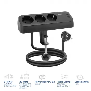 ACT AC2480 stalinis rozetinis blokas su 3 F tipo lizdais, 30W Power Delivery, USB Type-C/A prievadais, 1.5 m kabeliu