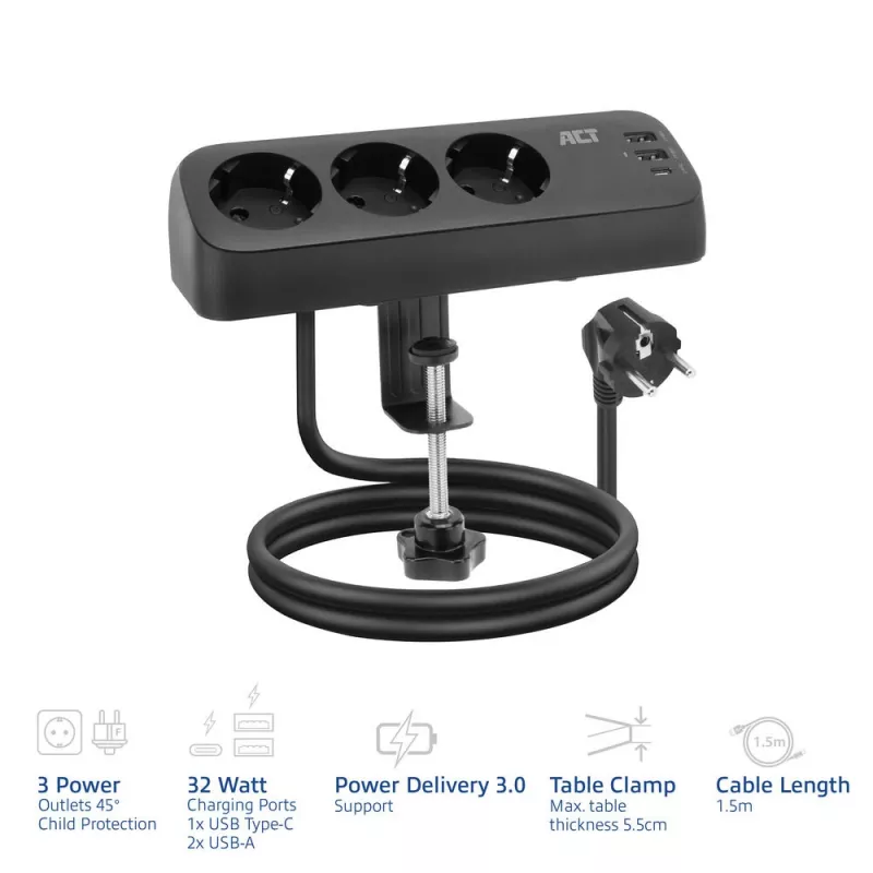 ACT AC2480 stalinis rozetinis blokas su 3 F tipo lizdais, 30W Power Delivery, USB Type-C/A prievadais, 1.5 m kabeliu