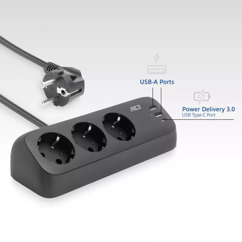 ACT AC2480 stalinis rozetinis blokas su 3 F tipo lizdais, 30W Power Delivery, USB Type-C/A prievadais, 1.5 m kabeliu
