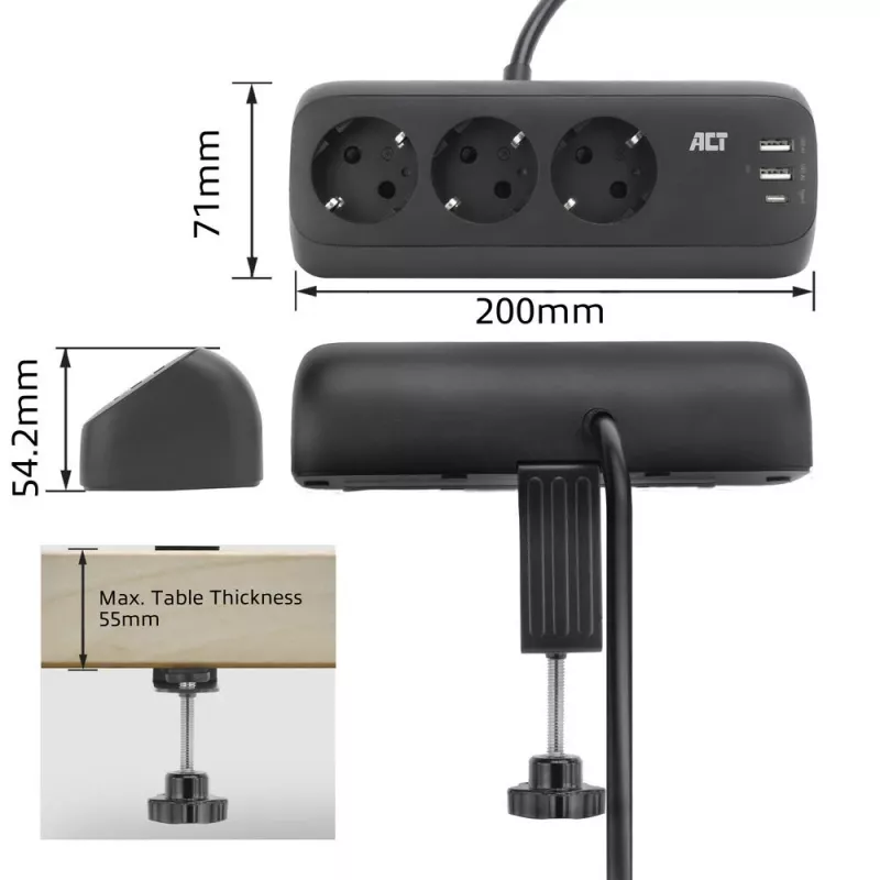 ACT AC2480 stalinis rozetinis blokas su 3 F tipo lizdais, 30W Power Delivery, USB Type-C/A prievadais, 1.5 m kabeliu