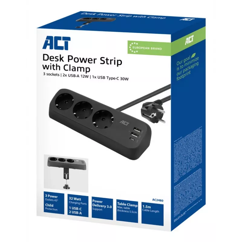 ACT AC2480 stalinis rozetinis blokas su 3 F tipo lizdais, 30W Power Delivery, USB Type-C/A prievadais, 1.5 m kabeliu