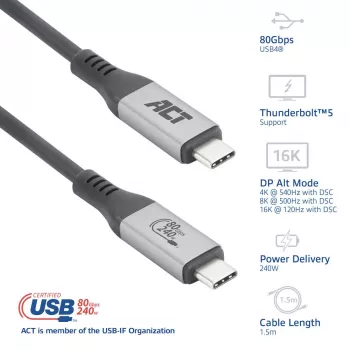 ACT USB4 80Gbps Thunderbolt 5 laidas 240W USB Type-C, USB-IF sertifikuotas, 1,5 metro