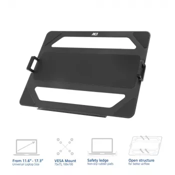 ACT Universal laptop padėklas monitoriaus rankenoms, Juodas, Plienas, 29,5 cm (11,6 col.), 43,9 cm (17,3 col.), 9 kg, 75 x 75 mm