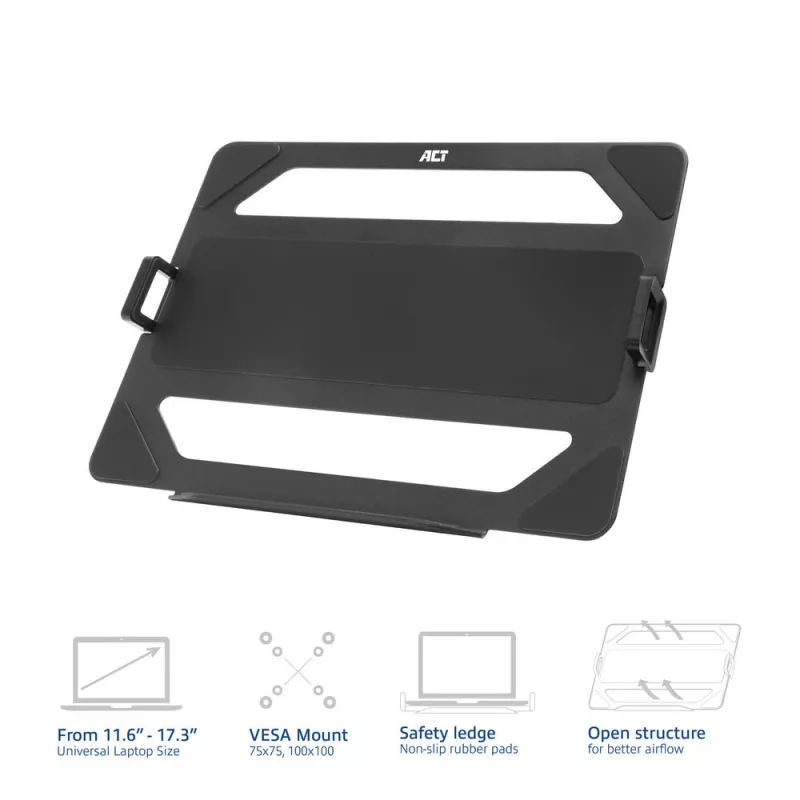 ACT Universal laptop padėklas monitoriaus rankenoms, Juodas, Plienas, 29,5 cm (11,6 col.), 43,9 cm (17,3 col.), 9 kg, 75 x 75 mm