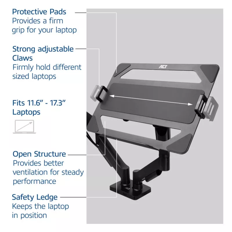 ACT Universal laptop padėklas monitoriaus rankenoms, Juodas, Plienas, 29,5 cm (11,6 col.), 43,9 cm (17,3 col.), 9 kg, 75 x 75 mm