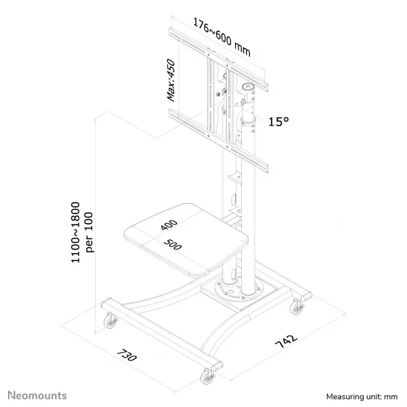 Neomounts PLASMA-M1800E mobilus grindinis stovas televizoriui 27-70 colių, sidabrinis