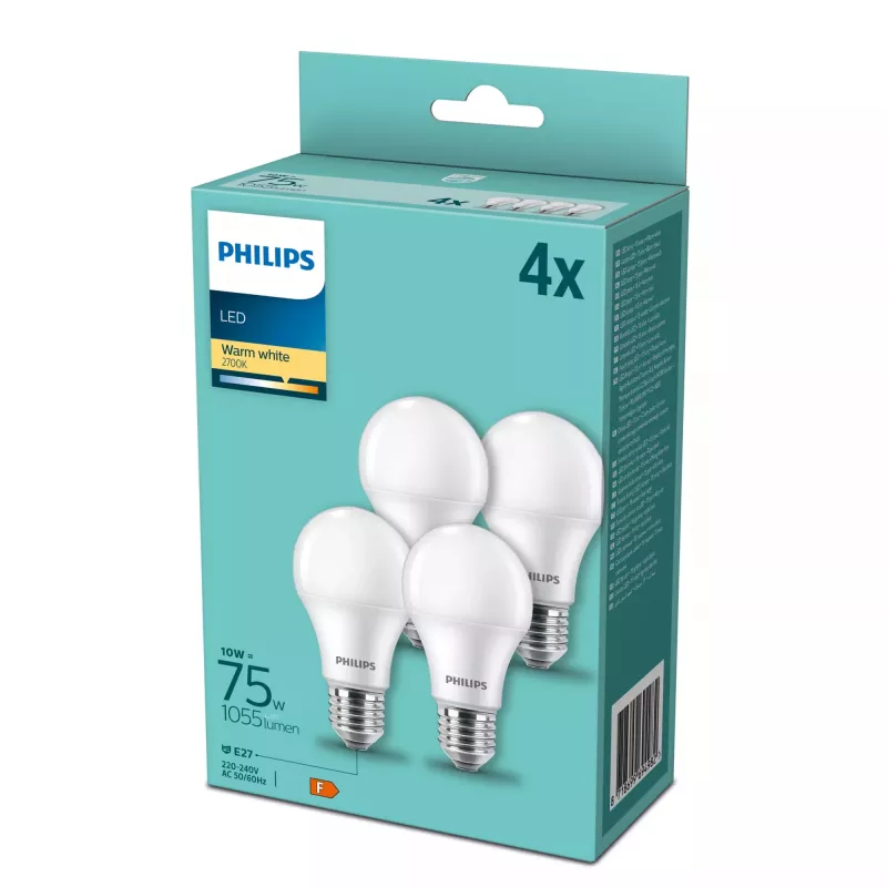 Philips LED lempa E27, 4 vnt. rinkinys, 10 W (atitinka 75 W), 2700 K