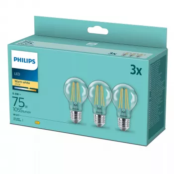Philips LED filamentinė lempa E27, 3 vnt., 8,5 W (atitinka 75 W), 2700 K