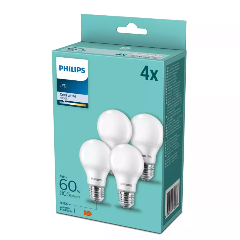 LED lempa Philips E27 60W 4000K, 4 vnt. pakuotė
