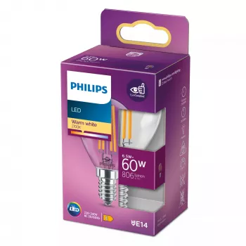 Philips Filament Candle Clear 60W P45 E14 6.5W šilta balta 806lm