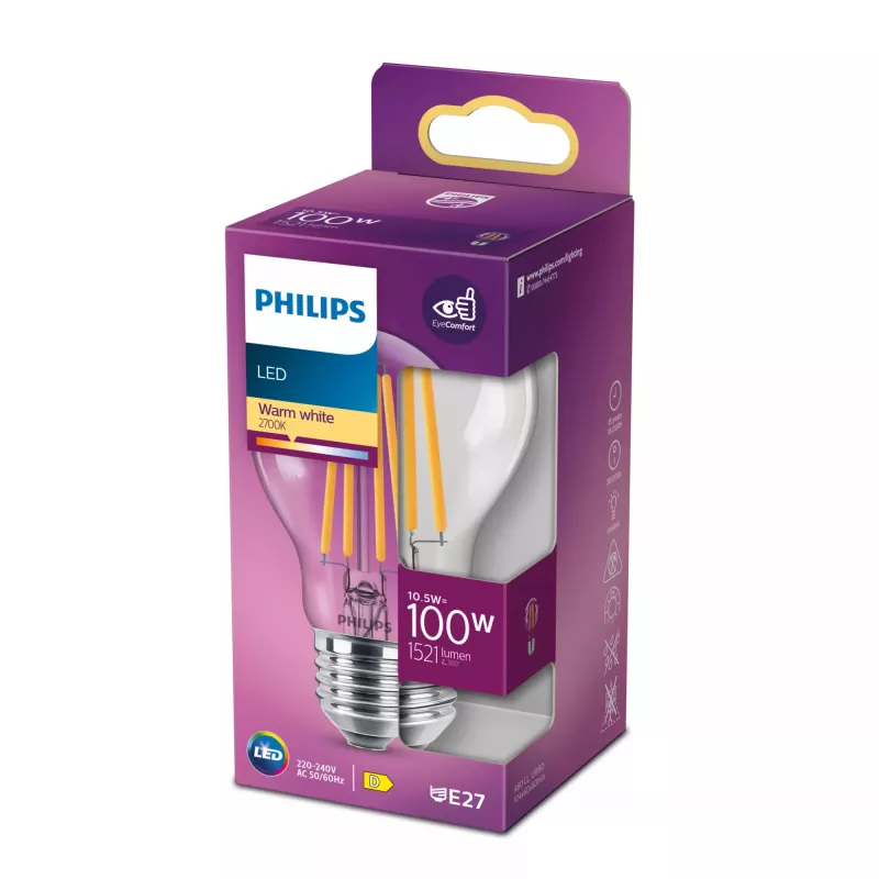 Philips Filament Lemputė Skaidri 100W A60 E27 10.5W Šilta Balta 1521lm