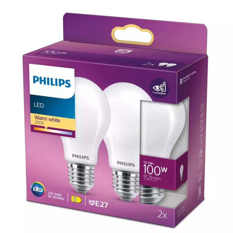 Philips Filament Lemputė Matinė 100W A60 E27 x2, 10.5 W, 100 W, E27, 1521 lm, 15000 h, Šilta balta