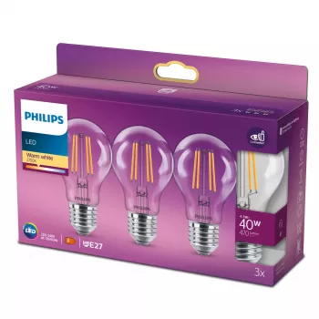 Philips Filament Lemputė Skaidri 40W A60 E27 x3, 4,3 W, 40 W, E27, 470 lm, 15000 h, Šilta balta