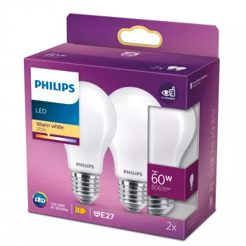 LED kaitrinė lemputė Philips A60 E27 7W (atitinka 60W), 2700K, 806 lm, matinė – 2 vnt. pakuotė