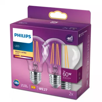 LED kaitrinė lemputė Philips A60 7W (atitinka 60W) E27 skaidri 2700K pakuotė 2 vnt.