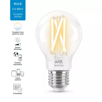 WiZ A60 E27 7W (806 lm) skaidri LED kaitrinė lemputė Smart Filament