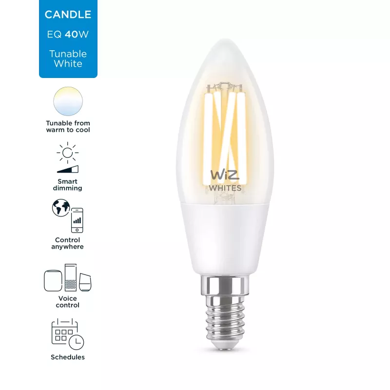 Išmanioji lemputė WiZ Filament Candle skaidri 4.9W C35 E14 Wi-Fi balta