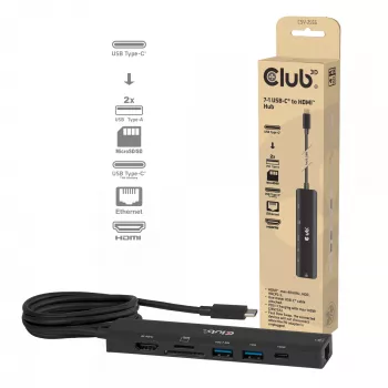 USB-C į HDMI šakotuvas CLUB3D 7-1 — laidinis, Gigabit Ethernet, juodas, 136×34×94,5 mm