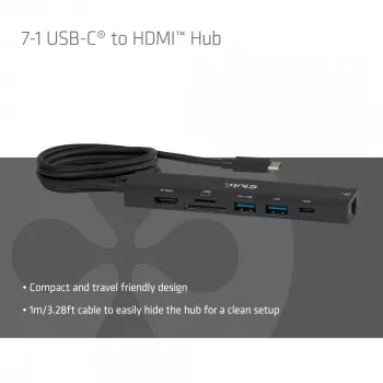 USB-C į HDMI šakotuvas CLUB3D 7-1 — laidinis, Gigabit Ethernet, juodas, 136×34×94,5 mm