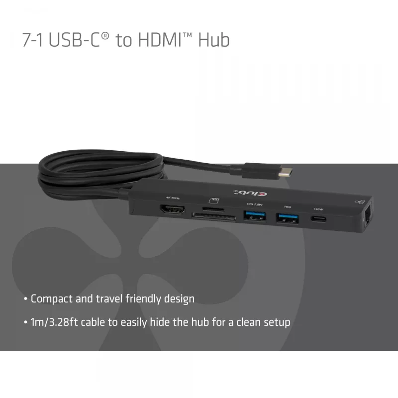 USB-C į HDMI šakotuvas CLUB3D 7-1 — laidinis, Gigabit Ethernet, juodas, 136×34×94,5 mm