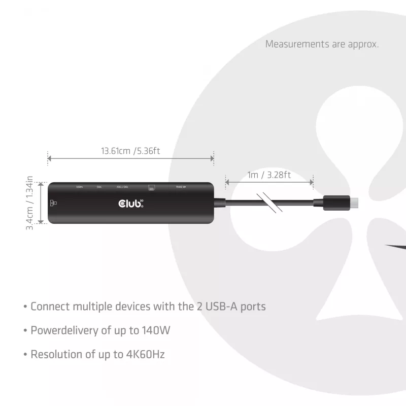 USB-C į HDMI šakotuvas CLUB3D 7-1 — laidinis, Gigabit Ethernet, juodas, 136×34×94,5 mm