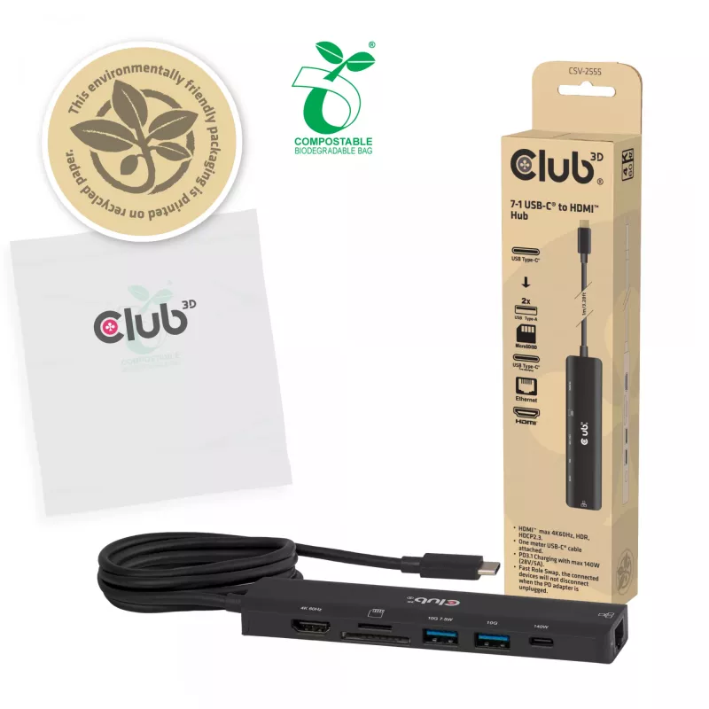 USB-C į HDMI šakotuvas CLUB3D 7-1 — laidinis, Gigabit Ethernet, juodas, 136×34×94,5 mm