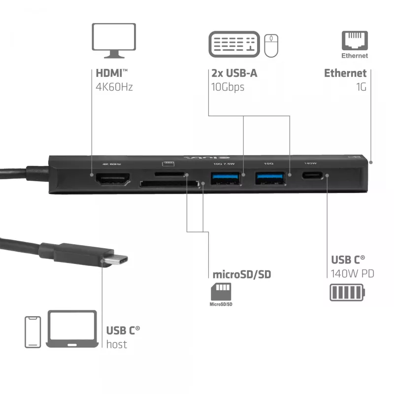 USB-C į HDMI šakotuvas CLUB3D 7-1 — laidinis, Gigabit Ethernet, juodas, 136×34×94,5 mm