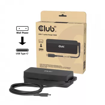 CLUB 3D USB-C įkroviklis nešiojamam kompiuteriui 140 W, kintamosios srovės maitinimas, universali suderinamumas, 1 m kabelis, juodas