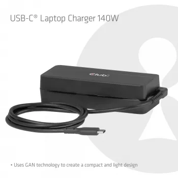CLUB 3D USB-C įkroviklis nešiojamam kompiuteriui 140 W, kintamosios srovės maitinimas, universali suderinamumas, 1 m kabelis, juodas