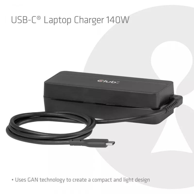 CLUB 3D USB-C įkroviklis nešiojamam kompiuteriui 140 W, kintamosios srovės maitinimas, universali suderinamumas, 1 m kabelis, juodas