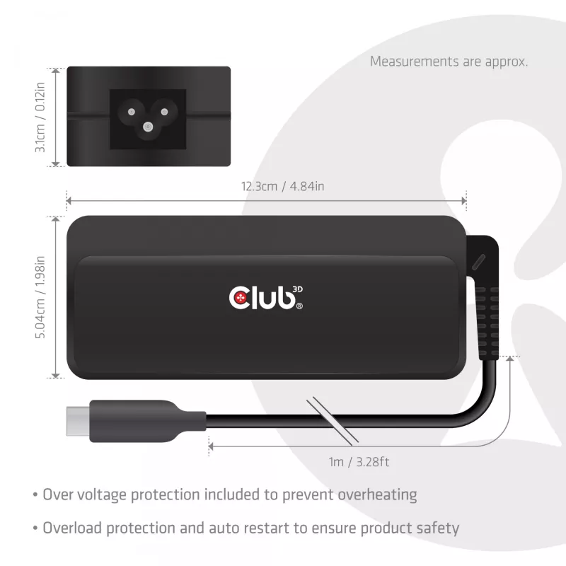 CLUB 3D USB-C įkroviklis nešiojamam kompiuteriui 140 W, kintamosios srovės maitinimas, universali suderinamumas, 1 m kabelis, juodas
