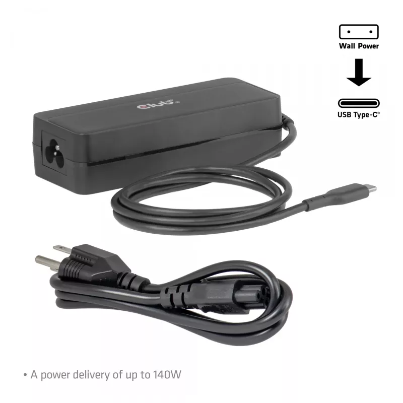 CLUB 3D USB-C įkroviklis nešiojamam kompiuteriui 140 W, kintamosios srovės maitinimas, universali suderinamumas, 1 m kabelis, juodas