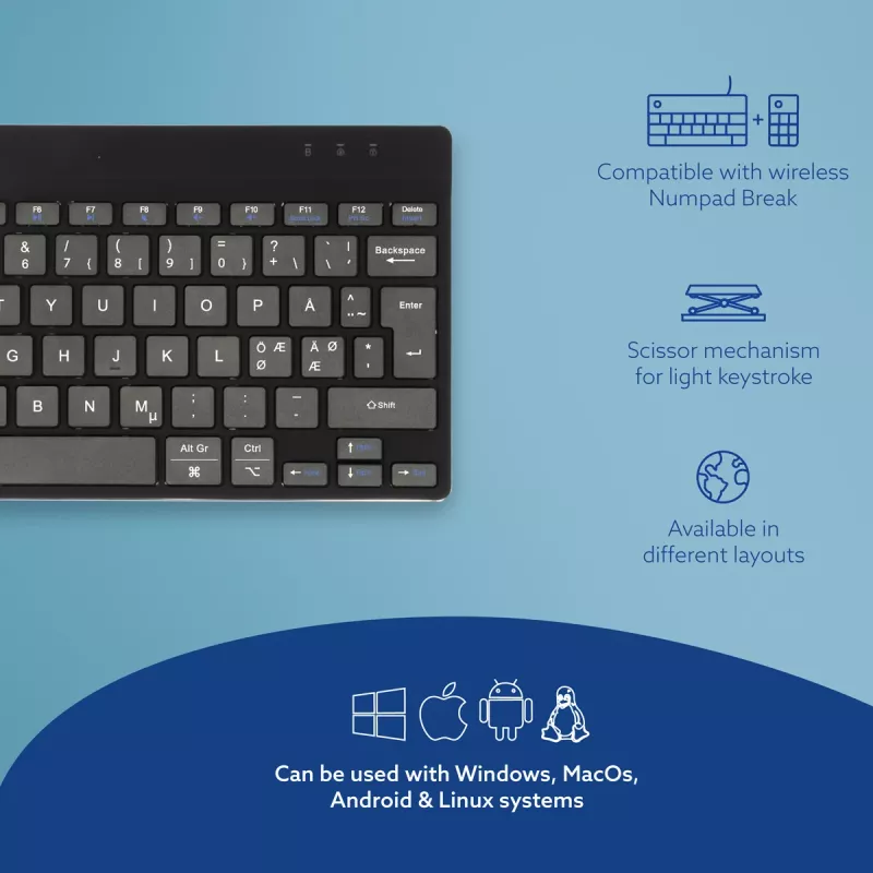 R-Go Tools ergonominė klaviatūra R-Go Compact Break, kompaktiška klaviatūra su pertraukų programine įranga, QWERTY (NORDIC), Bluetooth, juoda