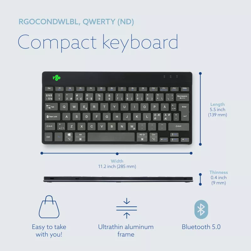 R-Go Tools ergonominė klaviatūra R-Go Compact Break, kompaktiška klaviatūra su pertraukų programine įranga, QWERTY (NORDIC), Bluetooth, juoda