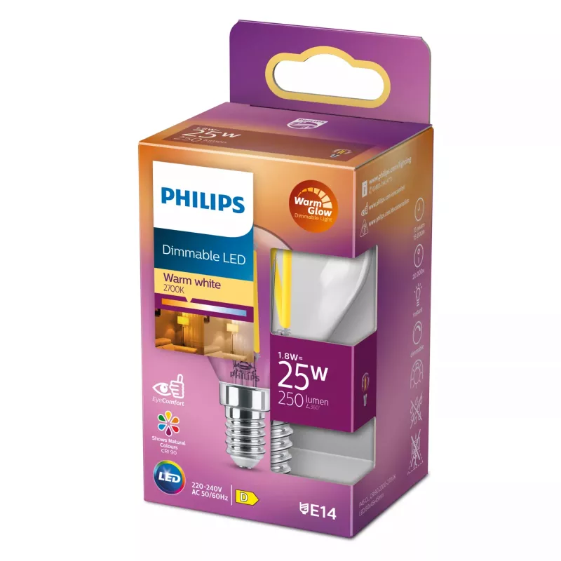 Philips Filament Candle Clear 25W P45 E14, 2.5 W, 25 W, E14, 340 lm, 15000 h, Šiltas švytėjimas