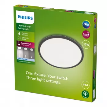 Philips Superslim LED lubinis šviestuvas 15W, 4000K, IP54, 250×250 mm, juoda/balta