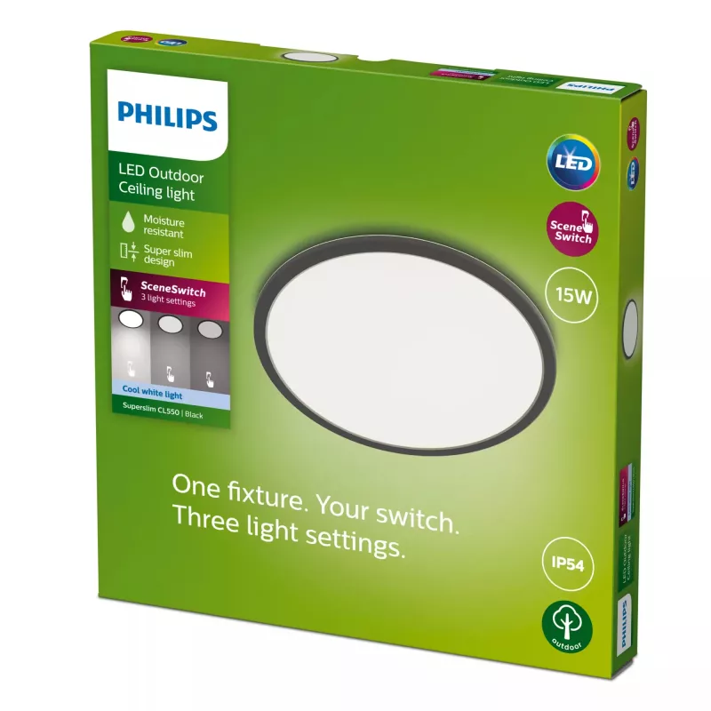 Philips Superslim LED lubinis šviestuvas 15W, 4000K, IP54, 250×250 mm, juoda/balta